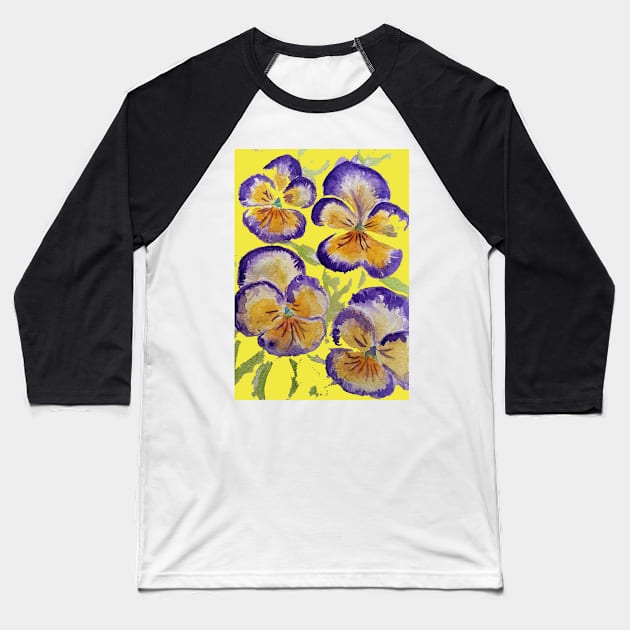 Viola Watercolor Purple Floral Pattern on Yellow Baseball T-Shirt by SarahRajkotwala